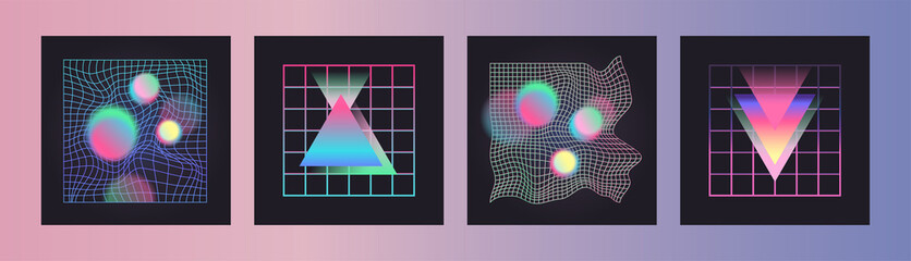 Wall Mural - Distorted neon grid pattern and glowing shapes. Abstract vector background. Retro wave, synthwave, rave, vaporwave. Blue, black, pink purple colors. Trendy retro 80s, 90s style. Print, poster, banner