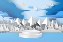 Merry Christmas Day Of Circular Stage Podium And Blank Space. Landscape City View Mountain Winter Snow Season. Holiday Festival Santa Claus With Reindeer On Sky.Creative Paper Art And Craft Style