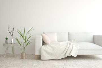 White living room with sofa. Scandinavian interior design. 3D illustration