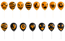 Halloween Set Of Balloons 3d Realistic, Ghost, Spider, Eye,smile, Bat Icon Symbol, Orange Black Color. Vector Illustration Isolated