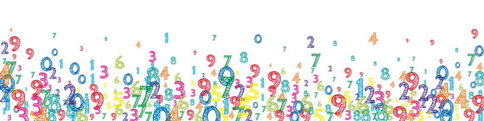 Falling colorful orderly numbers. Math study concept with flying digits. Sightly back to school mathematics banner on white background. Falling numbers vector illustration.