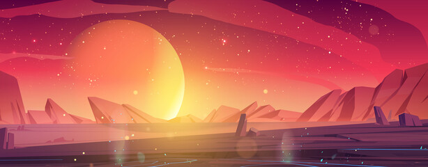 Wall Mural - alien planet landscape, dusk or dawn desert surface with mountains, rocks and sun shining on red and