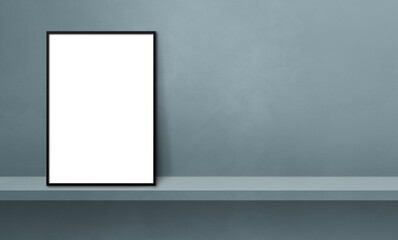 Black picture frame leaning on a grey shelf. 3d illustration. Horizontal banner