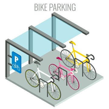Fototapete - Public bicycle racks and bikes, vector isometric illustration. City bicycle parking lot concept.