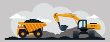 Excavator And Dump Truck Working At Coal Mine, Flat Vector Illustration. Open Pit Mine Or Quarry, Extraction Machinery.