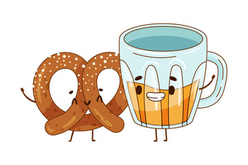 Poster - Pretzel and beer mug characters holding by hands. Perfect couple, friends forever cartoon vector illustration