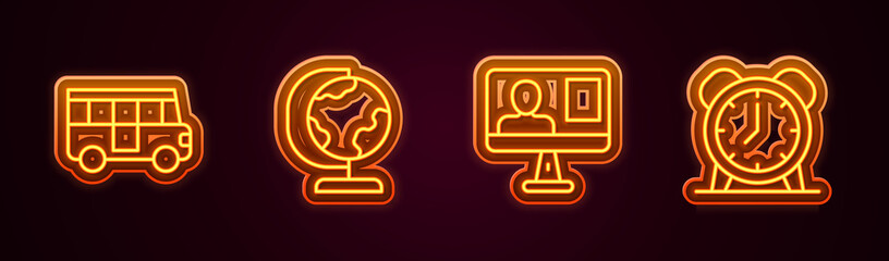 Wall Mural - Set line School Bus, Earth globe, Online class and Alarm clock. Glowing neon icon. Vector