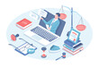 Online legal advice. Professional lawyer consultation. Advocate on laptop screen. Law and justice concept. Vector illustration in 3d design. Isometric web banner.