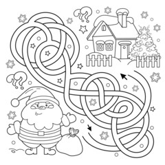 Wall Mural - Maze or Labyrinth Game. Puzzle. Tangled Road. Coloring Page Outline Of Santa Claus with gifts bag and Christmas tree. New year. Christmas. Coloring book for kids.