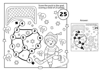 Sticker - Mathematical addition game. Puzzle for kids. Coloring Page Outline Of cartoon boy playing hockey. Winter sports. Coloring book for children.