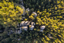 Adrspach Rocks At Sunset. Aerial Top Down View Of Trail Path In Rock Formations, Cliffs And Trees Of Adrspach Teplice Rocks National Park. Adrspach, Bohemia, Czech Republic, Czech Mountains Landscape.