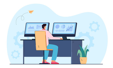flat vector illustration of stock trader working on computer with graphs. man investor using pc anal