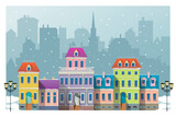 Fototapeta  - Christmas winter cityscape with beautiful buildings and streetlights. Vector illustration.