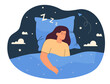Female cartoon character sleeping and having lucid dreams. REM stage of sleep, girl dreaming in bed flat vector illustration. Imagination, fantasy concept for banner, website design or landing page