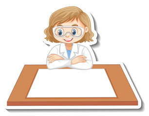 Wall Mural - Scientist girl cartoon character with blank table