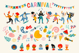 Fototapeta  - Carnival. Vector set. People in carnival costumes, faces, masks, symbols, abstract forms