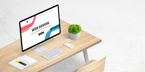 Wall Mural - isometric web design studio concept composition with computer display and work desk. copy space besi