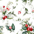 Seamless christmas pattern with berries and branches in a watercolor style