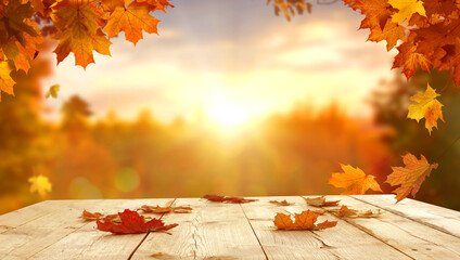 autumn maple leaves on wooden table.falling leaves natural background.