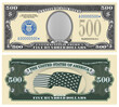 Fictional template obverse and reverse of US paper money. Five hundred dollar banknote. Empty oval, stars-striped flag and guilloche frames. McKinley