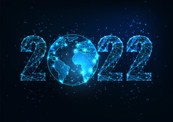 Wall Mural - Futuristic New Year digital web banner template with glowing low polygonal 2022 number and planet earth globe