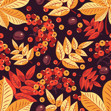 Autumn Seamless Pattern Of Red Rowan Berries And Yellow Leaves And Fruits Of Chestnut On A Dark Background.