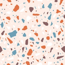 Vector Terrazzo Seamless Pattern. Abstract Color Italian Flooring Stone, Concrete Pink Texture. Classic Granite Natural Textured Background For Interior Design, Print, Wallpaper, Fabric, Textile