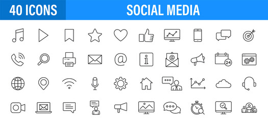 Wall Mural - set of 24 social media icons in line style. contact, digital, social networks, technology, website. 