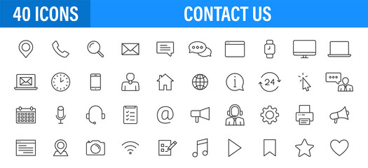 Wall Mural - Set of 24 Contact Us icons in line style. Web and mobile icon. Chat, support, message, phone. Vector illustration