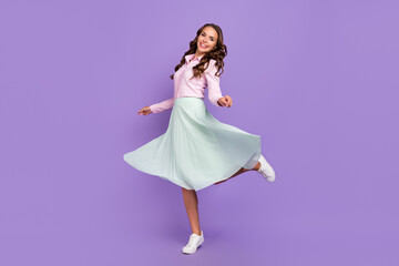 Poster - Full length body size view of pretty cheerful wavy-haired lady dancing having fun amusement isolated on violet purple color background