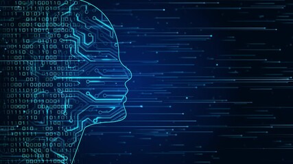 Future AI tech machine learning, face outline circuit board and binary data flow on blue Loop background. cyber mind Human fast digital computing, robot revolution Big data, artificial intelligence.