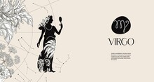 Zodiac Sign Virgo. Black Silhouette With White Flowers. Horizontal Background