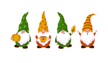 Autumn Little Gnomes Isolated On White Background. Gnome In A Hat With A Pumpkin, A Cup And A Leaf. Vector Illustration. Fairy Tale Fall Leprechauns Characters For Children's Cards And Invitations.