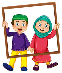 Canvas Print - Cute muslim boy and girl photo on wooden frame