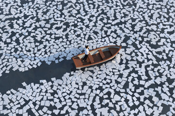 businesswoman on a boat sailing the ocean of paper sheets