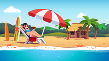 Tourist Woman Sunbathing On Sea Shore Umbrella