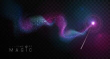 Magic Wand With Pink And Blue Glowing Shiny Trail.  Isolated On Black Transparent Background. Vector Illustration