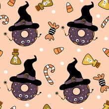 Cute Witch Donuts Funny Halloween Seamless Vector Pattern Background Illustration 