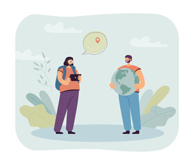 Wall Mural - tourists using navigation app in tablet or navigator with map. woman and man exploring globe flat ve