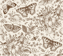 Seamless Pattern Flowers. Butterflies Moths Insect Fly Blooming Dogrose Rosehip Wild Rose Realistic Isolated. Vintage Fabric Background Set Wildflowers. Drawing Engraving Vector Victorian Illustration