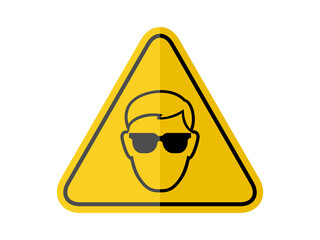 isolated requiring safety glass, common hazards symbols on yellow round triangle board warning sign for icon, label, logo or package industry etc. paperwork style vector design. 