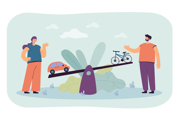 Sticker - Cartoon couple comparing car to bicycle on seesaw. Choosing between eco transport and automobile flat vector illustration. Ecology, transportation concept for banner, website design or landing page