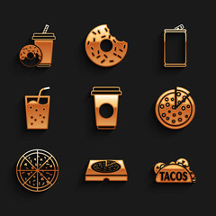 Sticker - Set Coffee cup, Pizza in cardboard box, Taco with tortilla, Glass water, Aluminum can and Soda drink donut icon. Vector