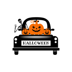 Wall Mural - Happy halloween truck svg vector. Halloween pumpkin truck. Halloween truck with pumpkin face sublimation. Halloween shirt design