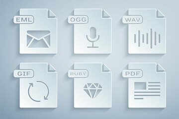 Sticker - Set RUBY file document, WAV, GIF, PDF, OGG and EML icon. Vector