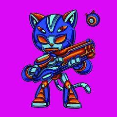 Wall Mural - Blue Cat soldier robot cartoon holding gun