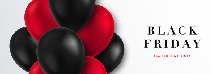 Sticker - Black friday horizontal banner. Sale template with realistic red and black balloons flying on a light background. Advertising banner design Black friday campaign.