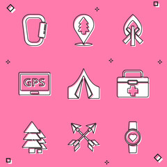 Wall Mural - Set Carabiner, Location of the forest, Campfire, Gps device with map, Tourist tent, First aid kit, Tree and Crossed arrows icon. Vector