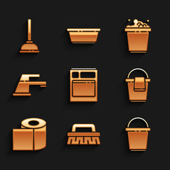 Sticker - Set Kitchen dishwasher machine, Brush for cleaning, Bucket, with rag, Toilet paper roll, Water tap, soap suds and Rubber plunger icon. Vector