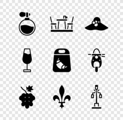 Sticker - Set Perfume, French cafe, Elegant women hat, Grape fruit, Fleur De Lys, Street light, Wine glass and Croissant package icon. Vector